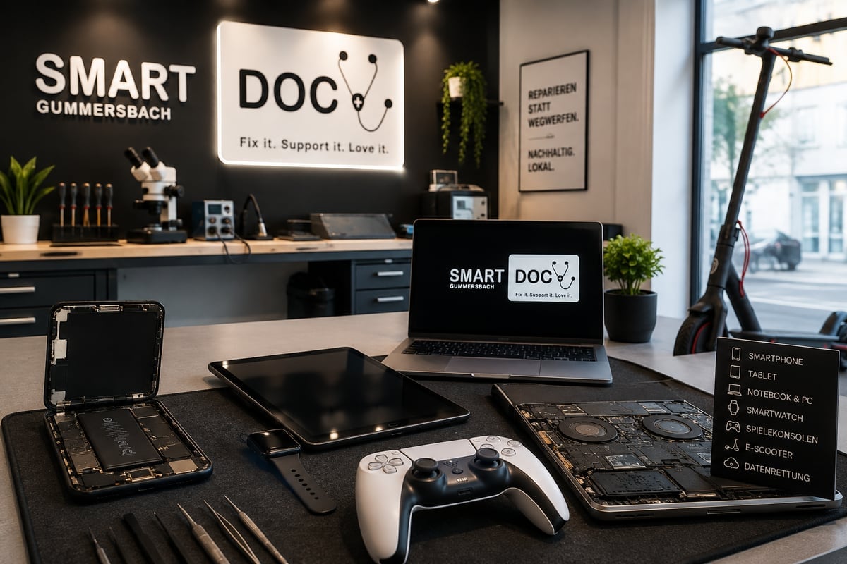 Tech workspace showing laptop, gaming controller, and open device components on desk with Smart Doc branding on wall and plants